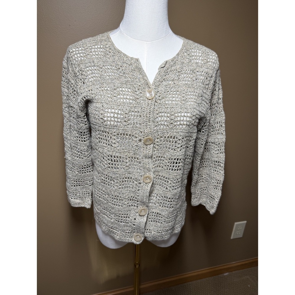 Eddie Bauer Petite M Linen Cotton Crochet Cardigan Beige Open Knit Boho Coastal